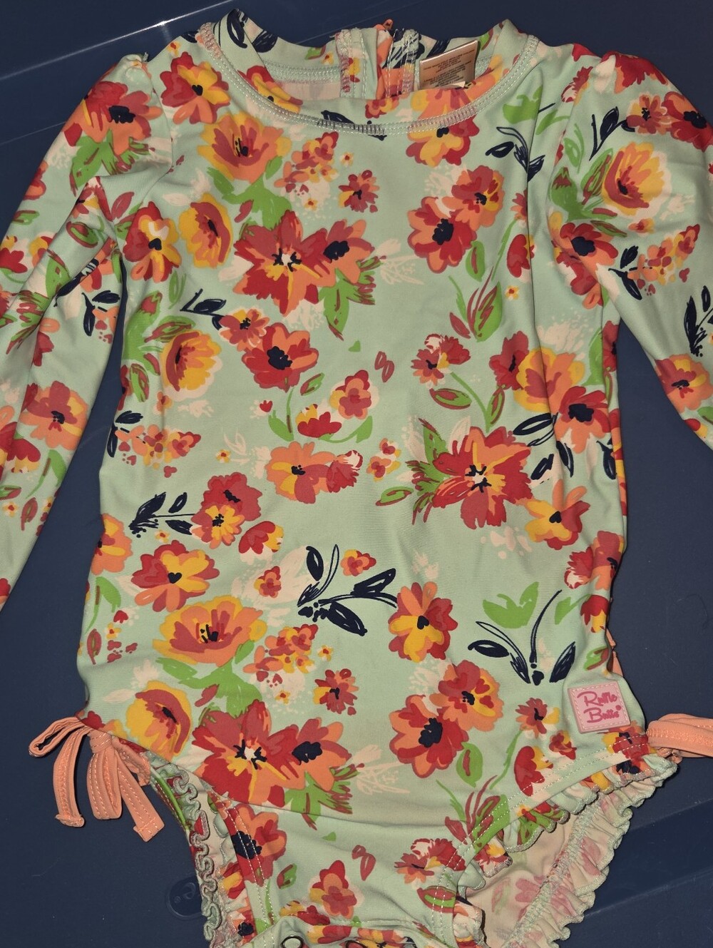 Kids Floral Long-Sleeve Rash Guard Swimsuit - Mint w/Coral Flowers - RuffleButts